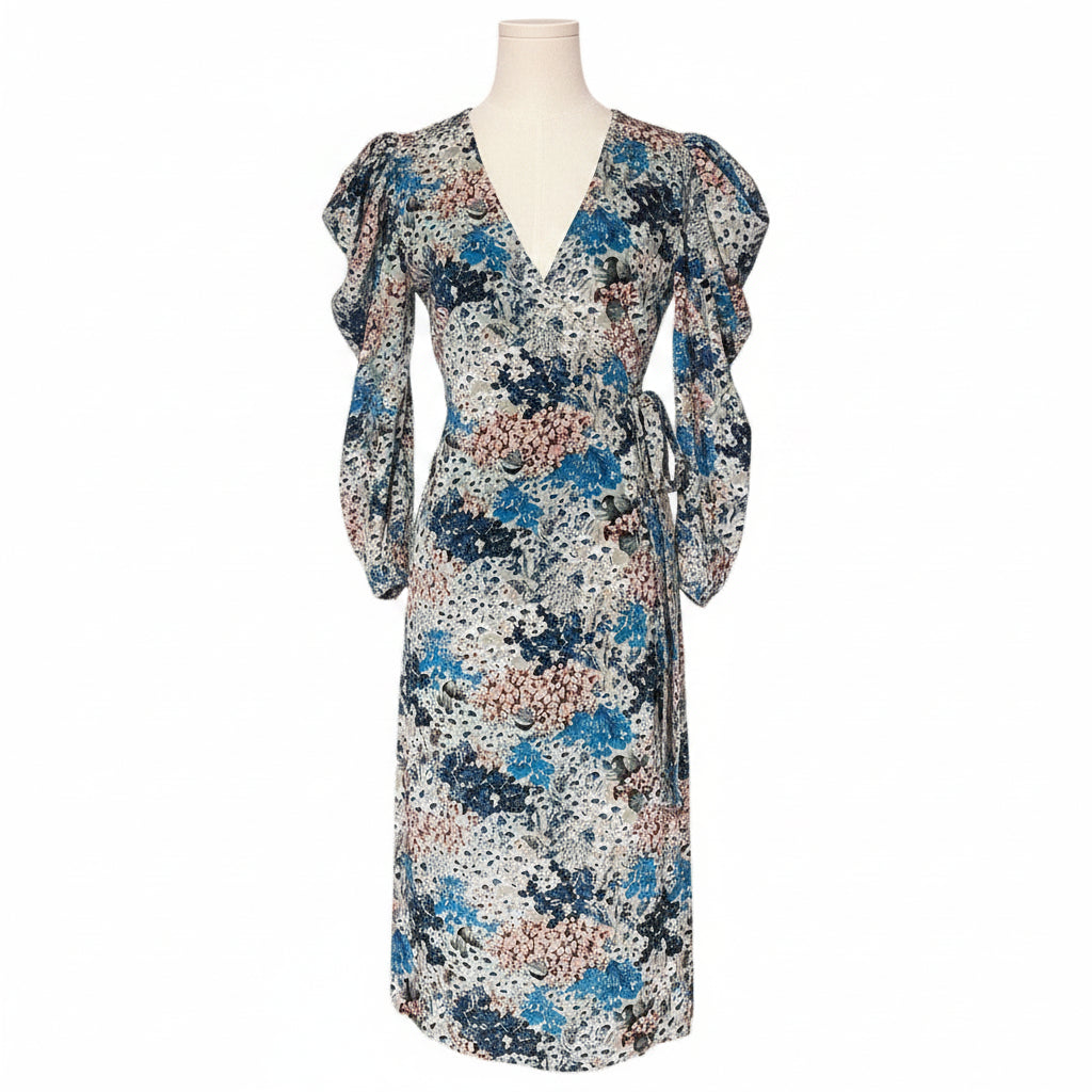 Circus Hotel Green and Blue Floral Velvet Wrap Dress - Size EU 40/US M