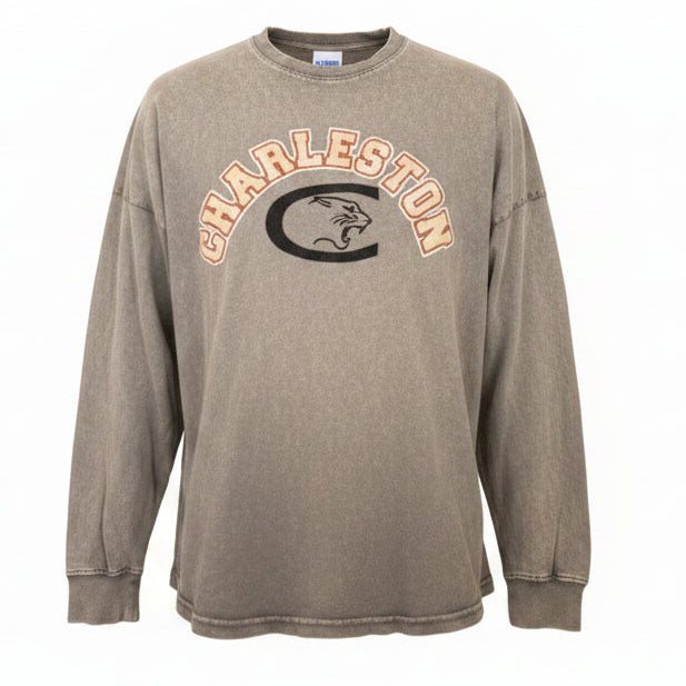 Gray long-sleeve shirt with 'Charleston' print on a white background