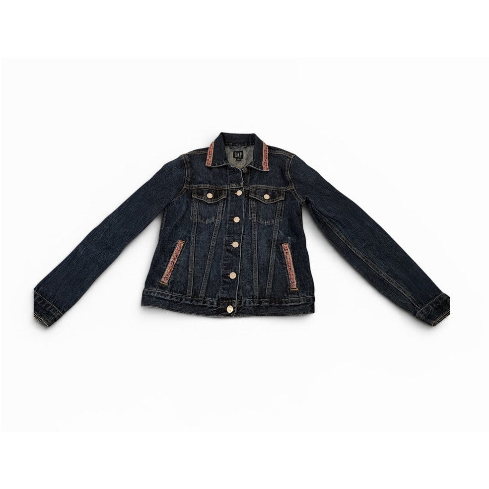 REIMAGINED by Bailey Grace: Dark Denim Jean Jacket w/ Pink and Beaded Trim - M