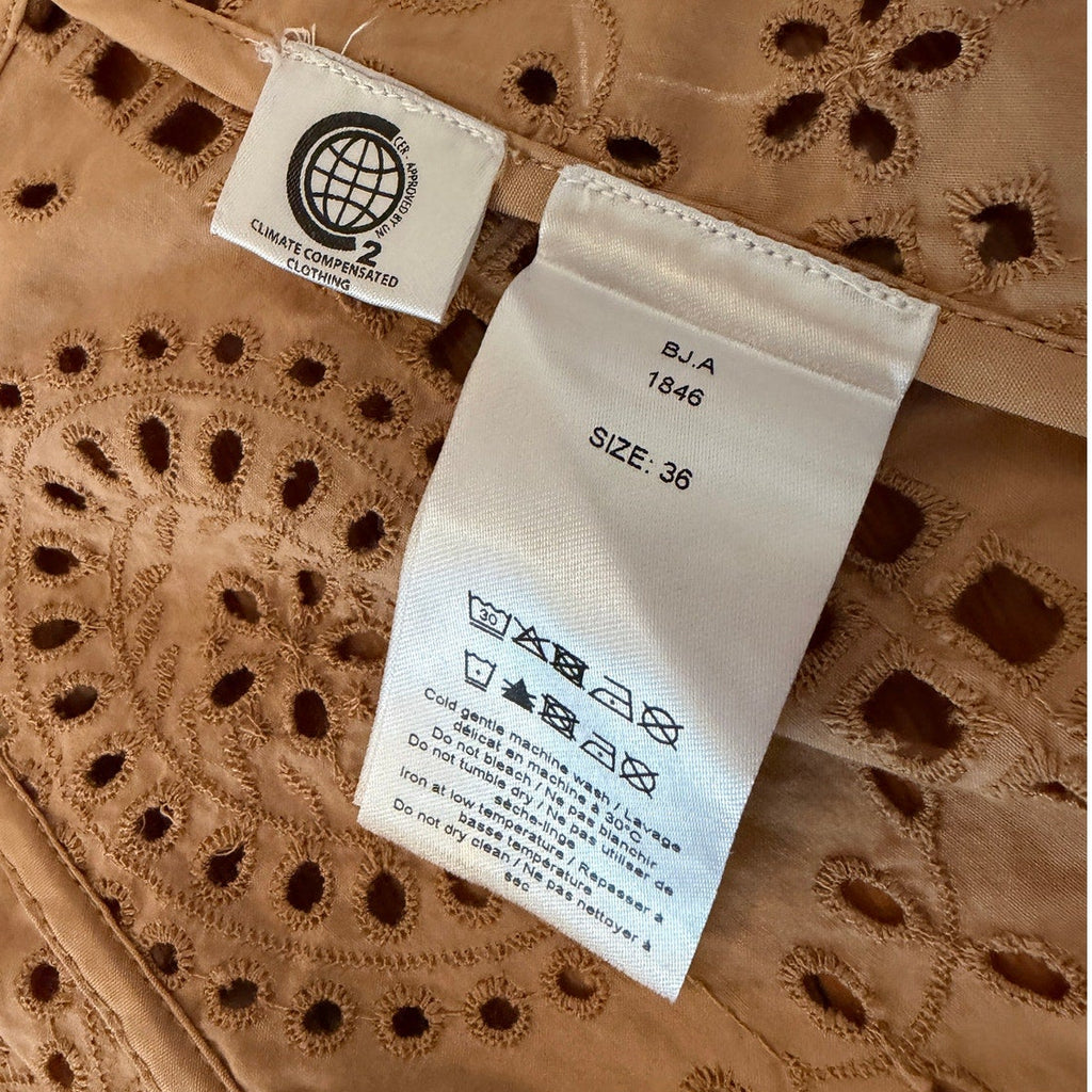 Ganni Broderie Anglaise Eyelet Blouse Camel Brown Cotton Climate Tagged- 36 /US8