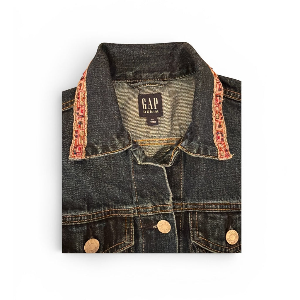REIMAGINED by Bailey Grace: Dark Denim Jean Jacket w/ Pink and Beaded Trim - M