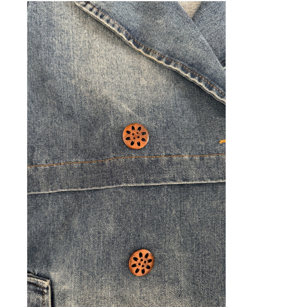 Vintage Denim Double-Breasted Wood Button Jacket Curved Bottom - S