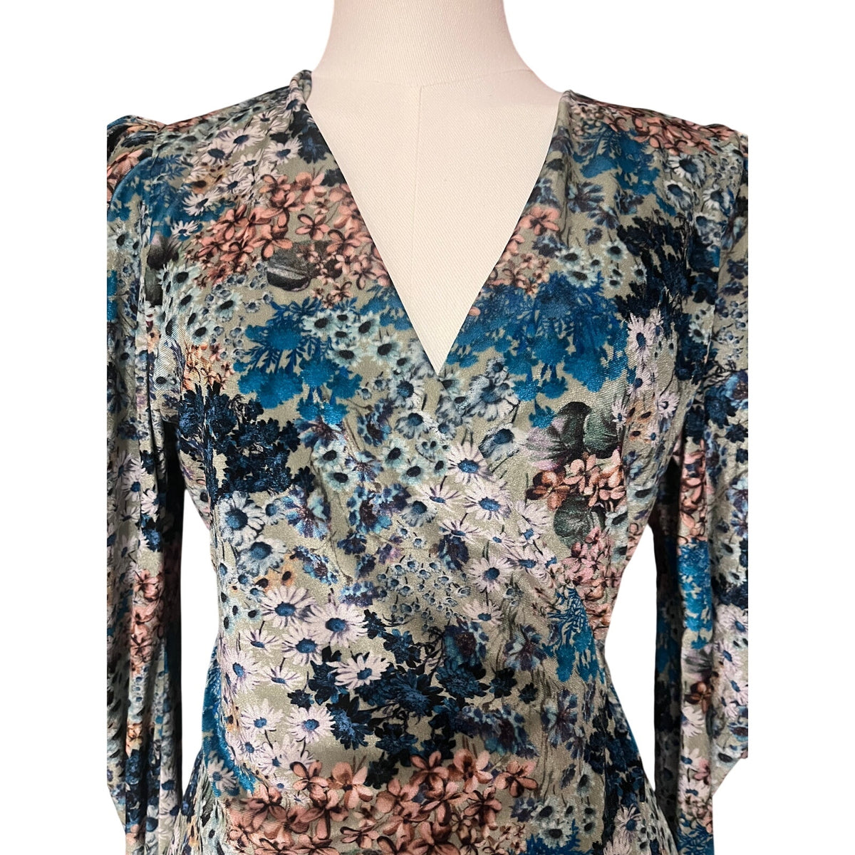 Circus Hotel Green and Blue Floral Velvet Wrap Dress - Size EU 40/US M