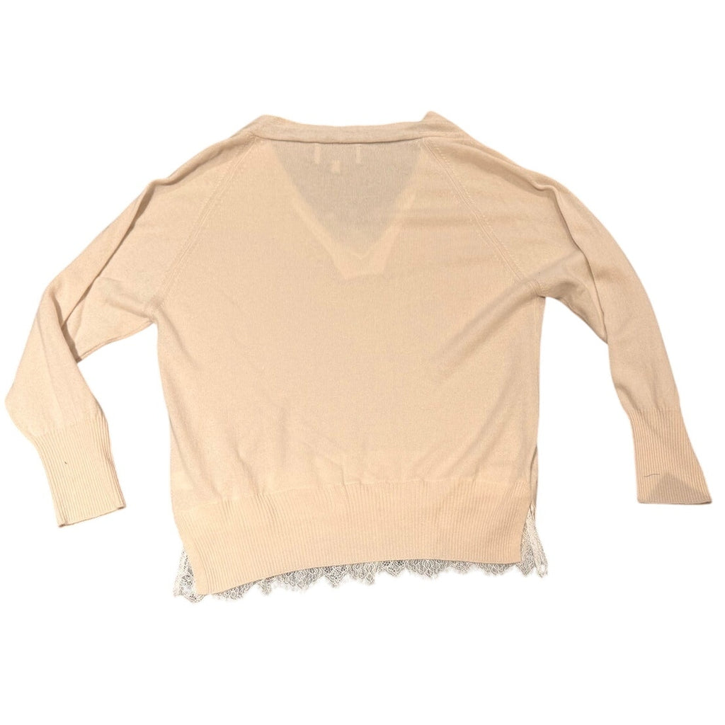 Brochu Walker Wool Cashmere Lace Inset V-Neck Sweater Size L Cream