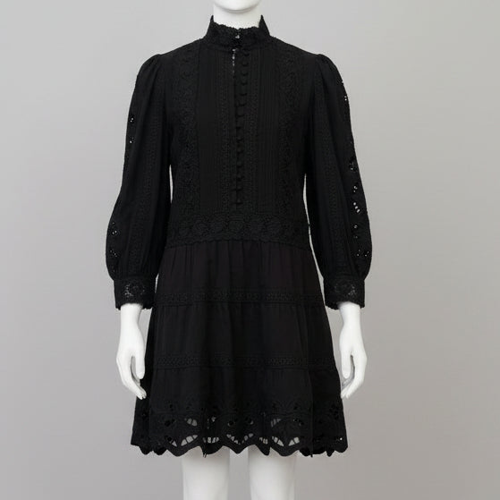 Alice + Olivia Black Clark Mandarin Collar Tiered Lace Mini Dress 4