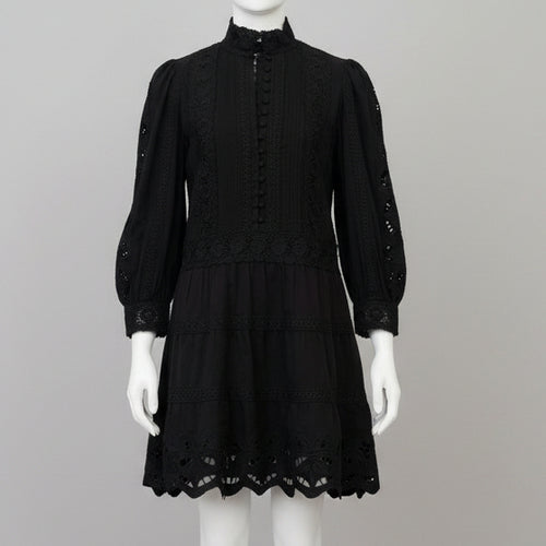 Alice + Olivia Black Clark Mandarin Collar Tiered Lace Mini Dress 4