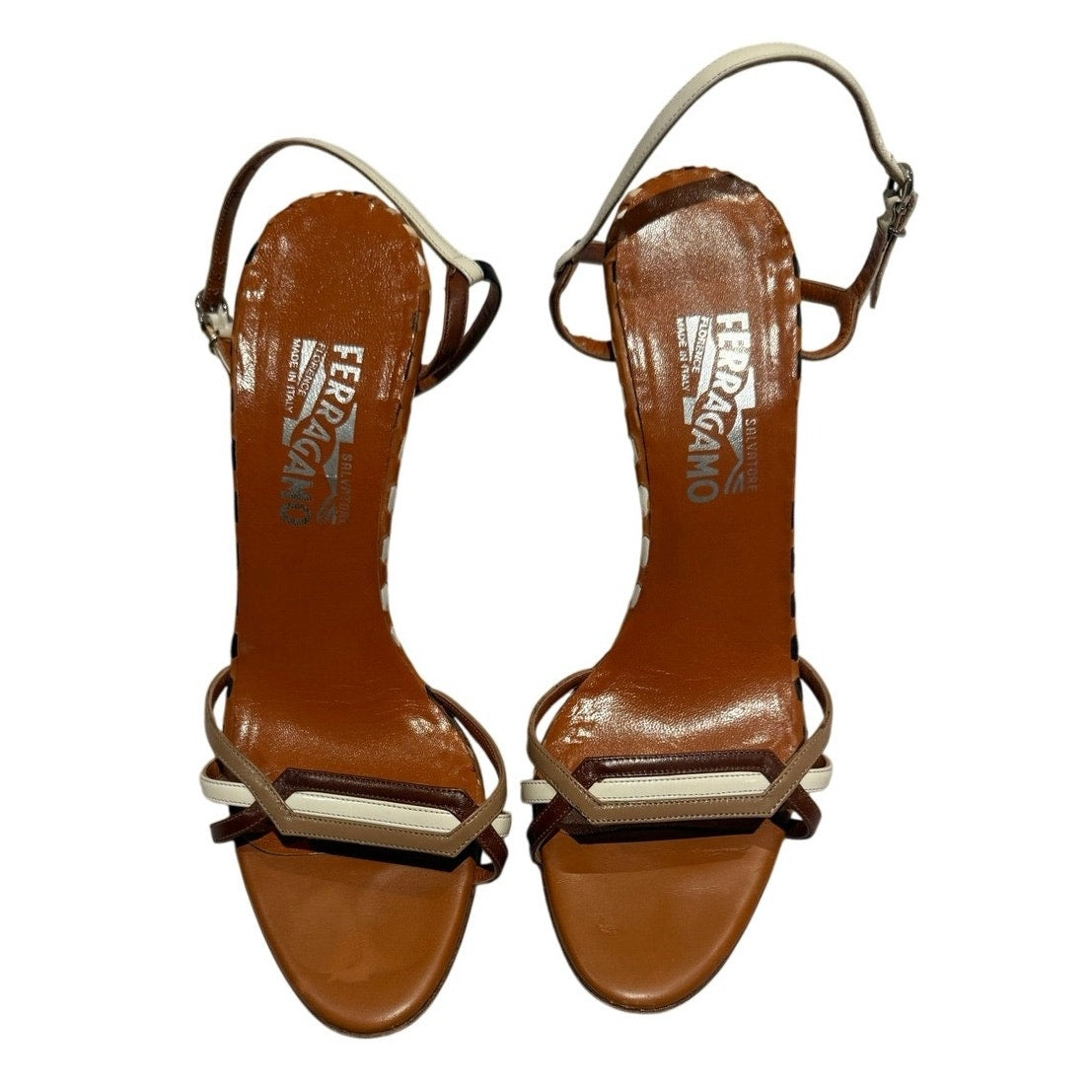 Salvatore Ferragamo Cognac T-Strap Sandal Heels Size 9 B