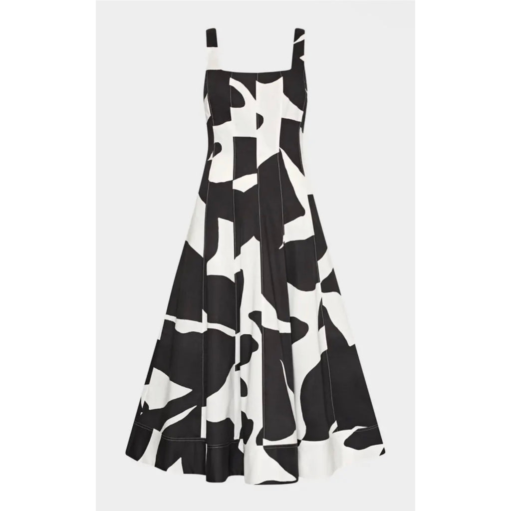 MILLY Grand Foliage Black White Poplin Midi Dress Size 6