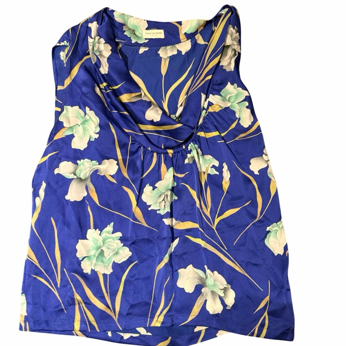 Dries Van Noten Cobalt Blue Floral Silk Cowl Blouse Size 42