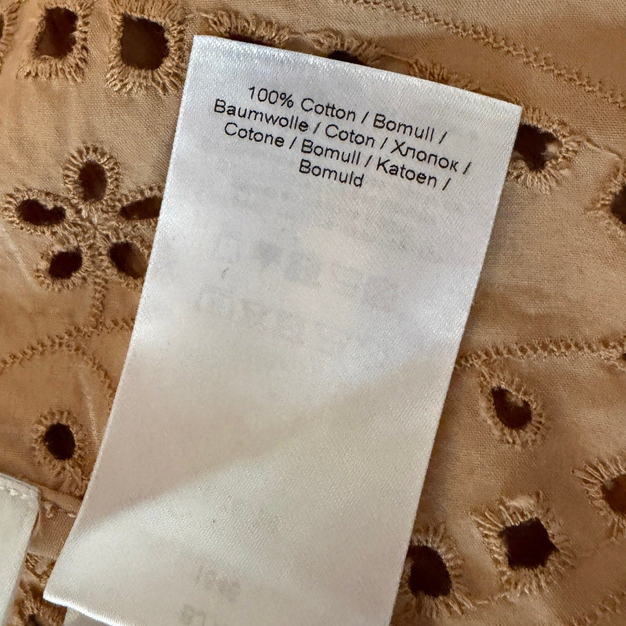 Ganni Broderie Anglaise Eyelet Blouse Camel Brown Cotton Climate Tagged- 36 /US8