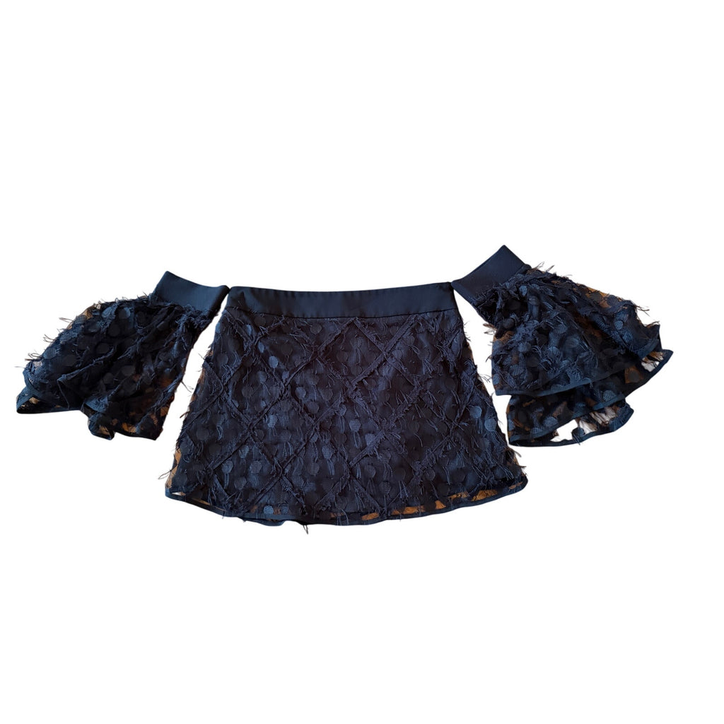 Milly for Bergdorf Goodman Lace Off-Shoulder Crop Top Black Feather Texture US 6