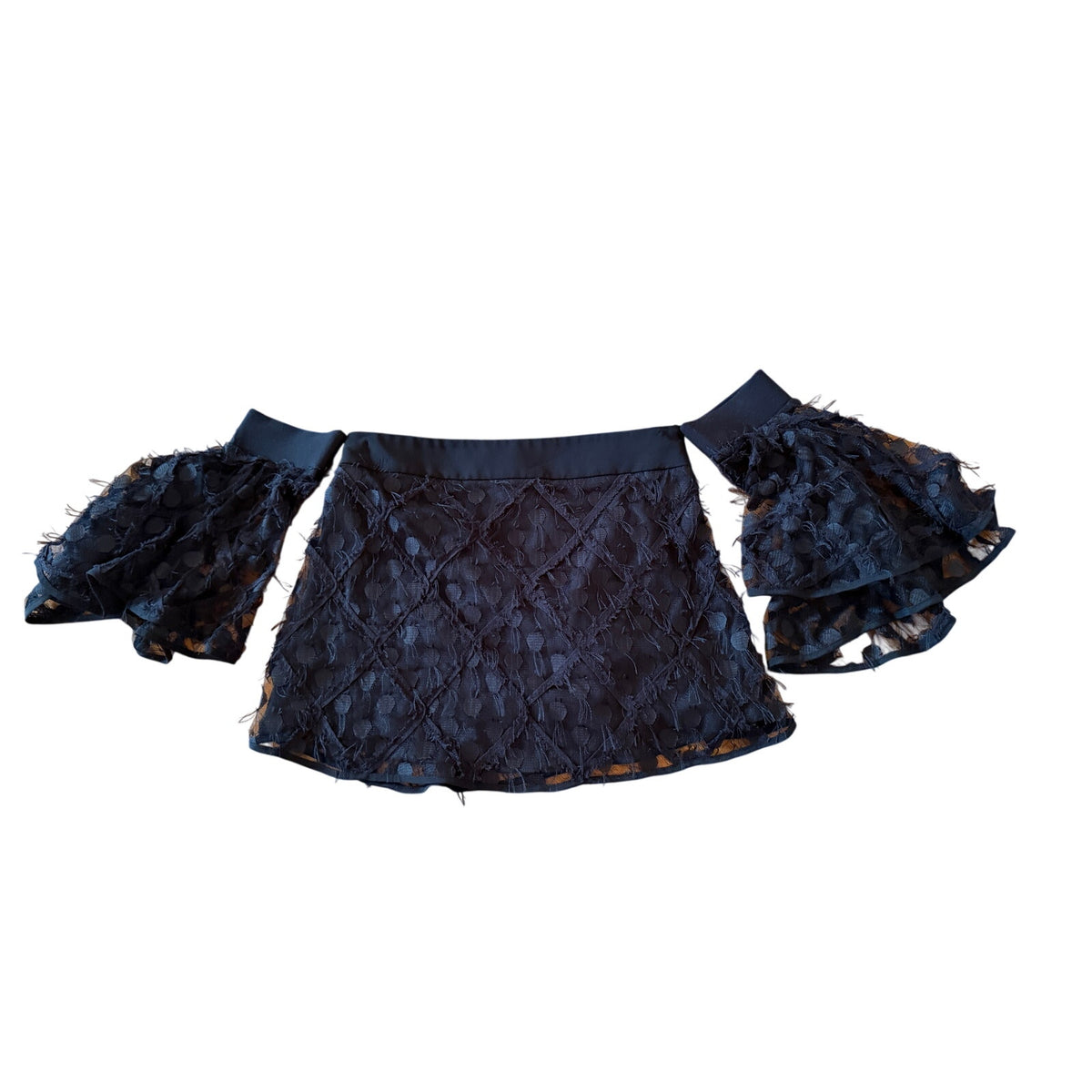 Milly for Bergdorf Goodman Lace Off-Shoulder Crop Top Black Feather Texture US 6