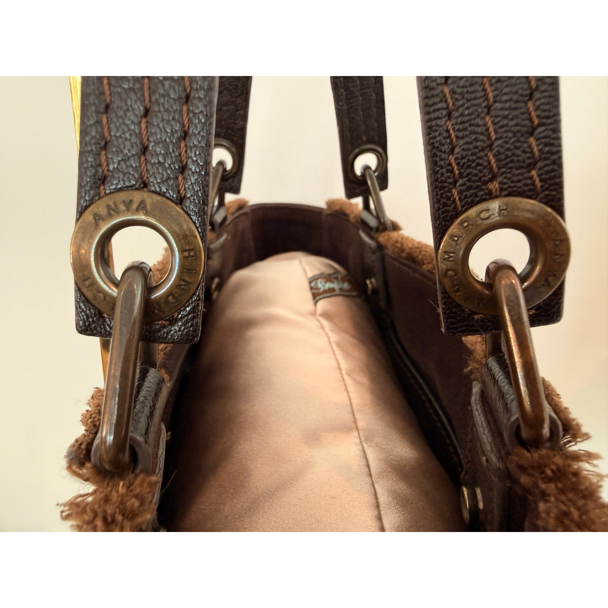 Anya Hindmarch Brown Structured Canvas Tote with Fringe and Leather Trim