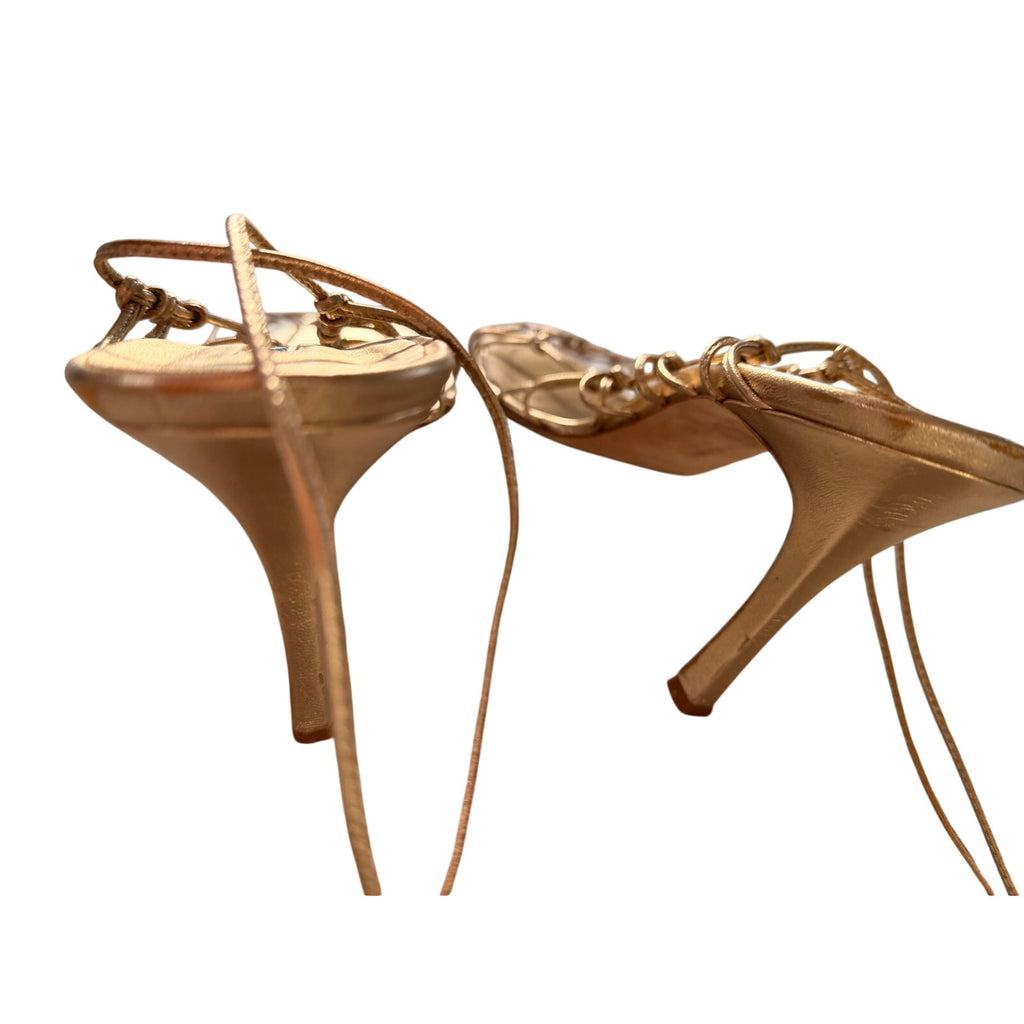 Manolo Blahnik Gold Metallic Caged Ankle-Tie Stiletto Sandal EU 41