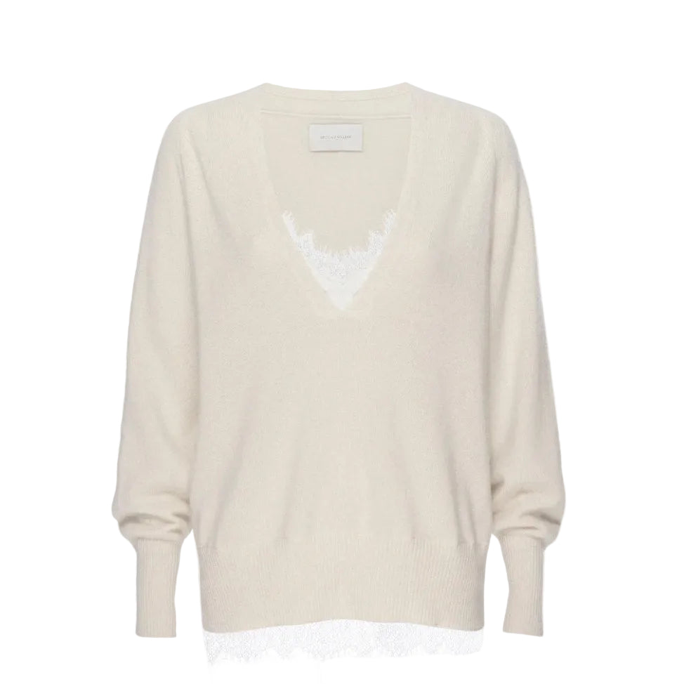 Brochu Walker Wool Cashmere Lace Inset V-Neck Sweater Size L Cream