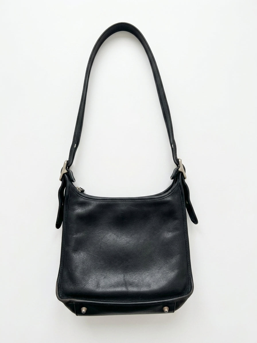 Black Leather Shoulder Bag Adjustable Strap Silver-Tone Hardware - Image 2