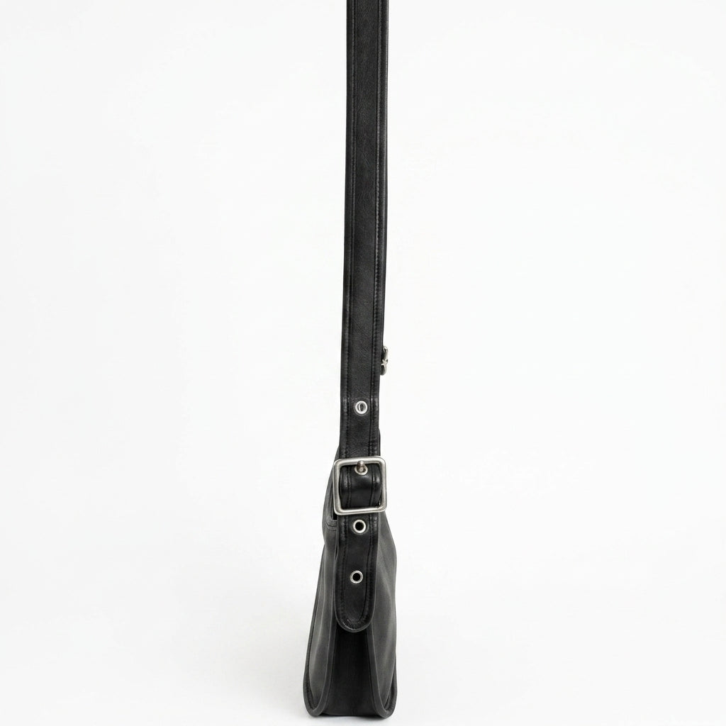 Black Leather Shoulder Bag Adjustable Strap Silver-Tone Hardware - Image 5