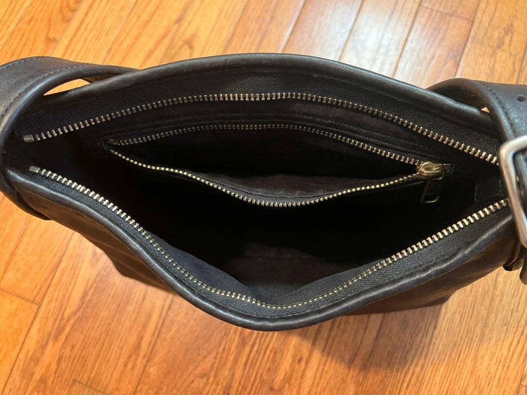 Black Leather Shoulder Bag Adjustable Strap Silver-Tone Hardware - Image 6