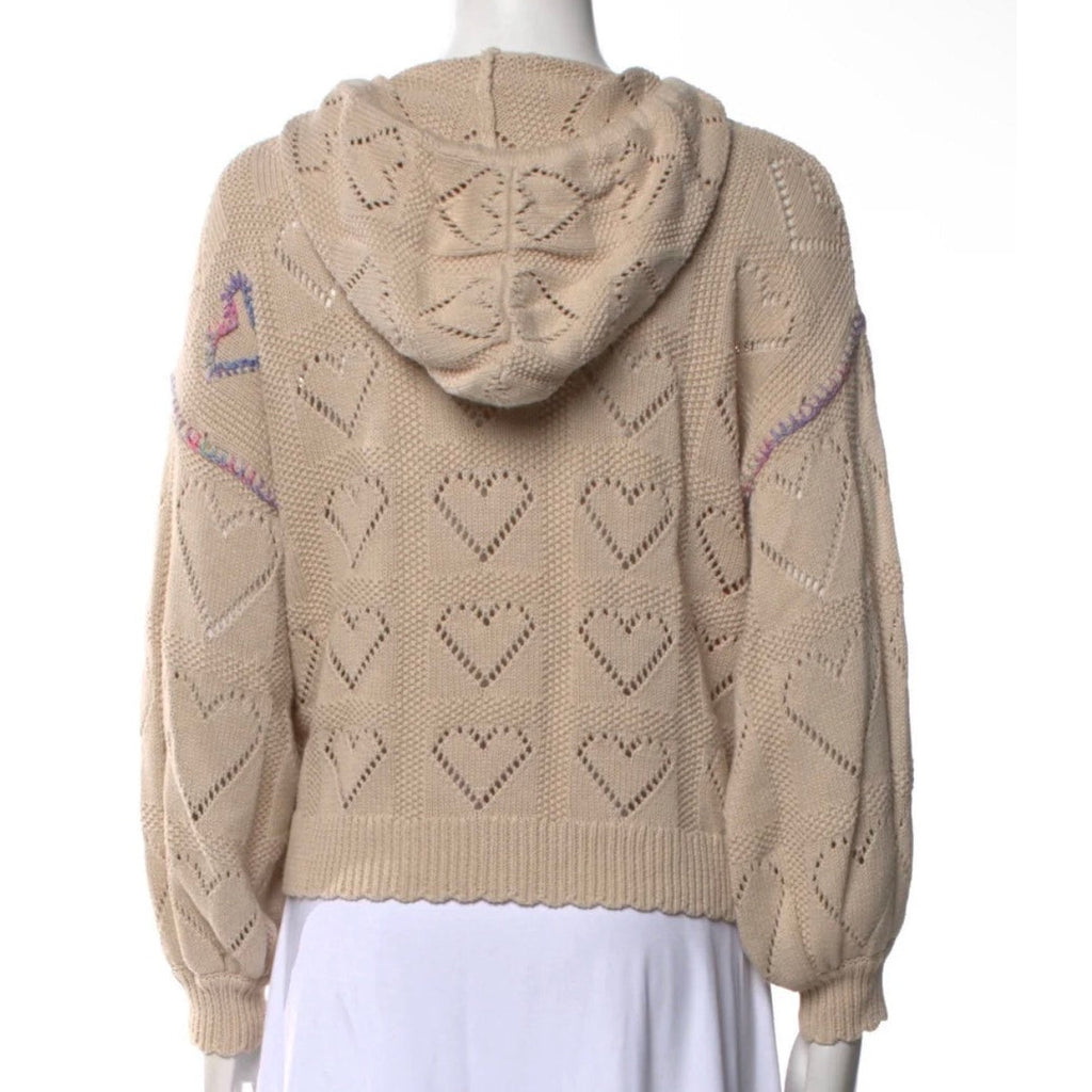 LoveShackFancy Meara Heart Pointelle Hoodie Beige - Medium - Image 4