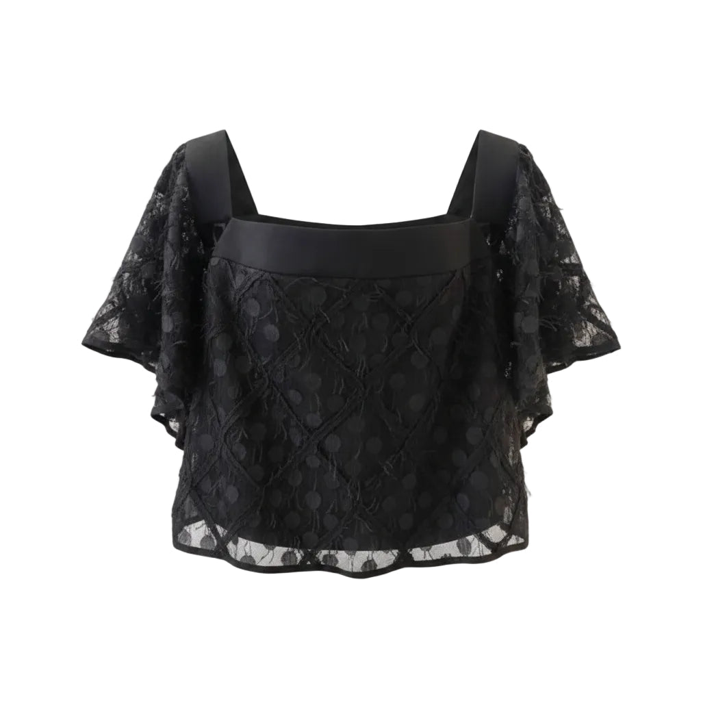 Milly for Bergdorf Goodman Lace Off-Shoulder Crop Top Black Feather Texture US 6 - Image 1