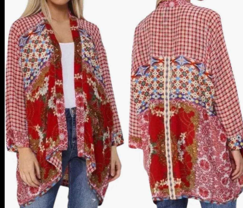 Johnny Was Kimono Jacket Red Patchwork Floral Rayon - Small - Image 2