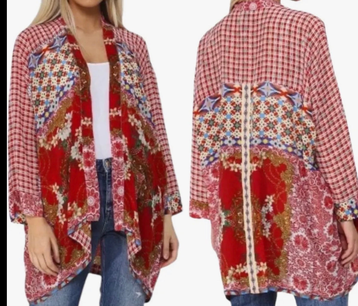 Johnny Was Kimono Jacket Red Patchwork Floral Rayon - Small - Image 2