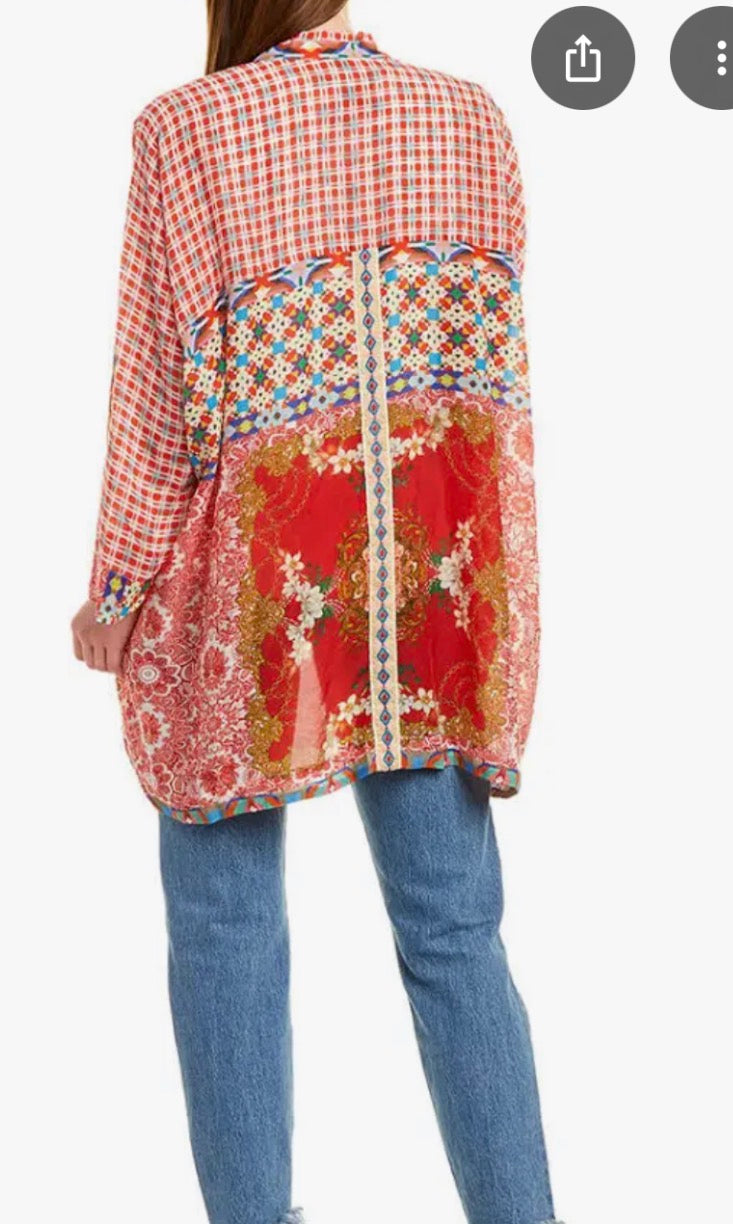 Johnny Was Kimono Jacket Red Patchwork Floral Rayon - Small - Image 3