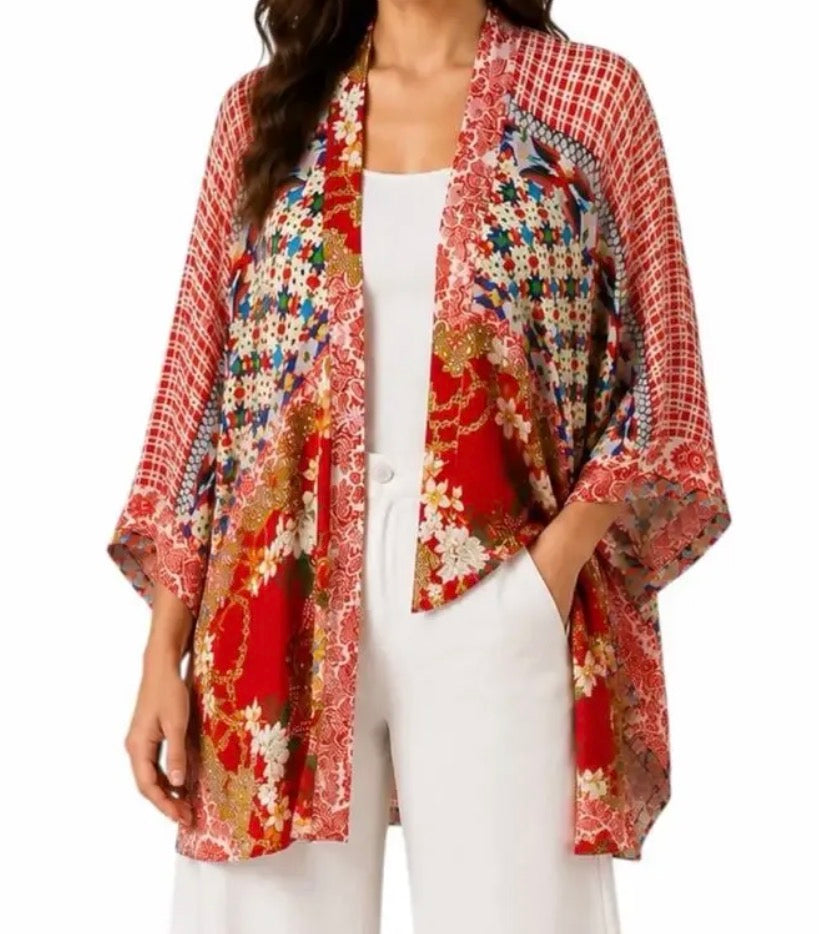 Johnny Was Kimono Jacket Red Patchwork Floral Rayon - Small - Image 1