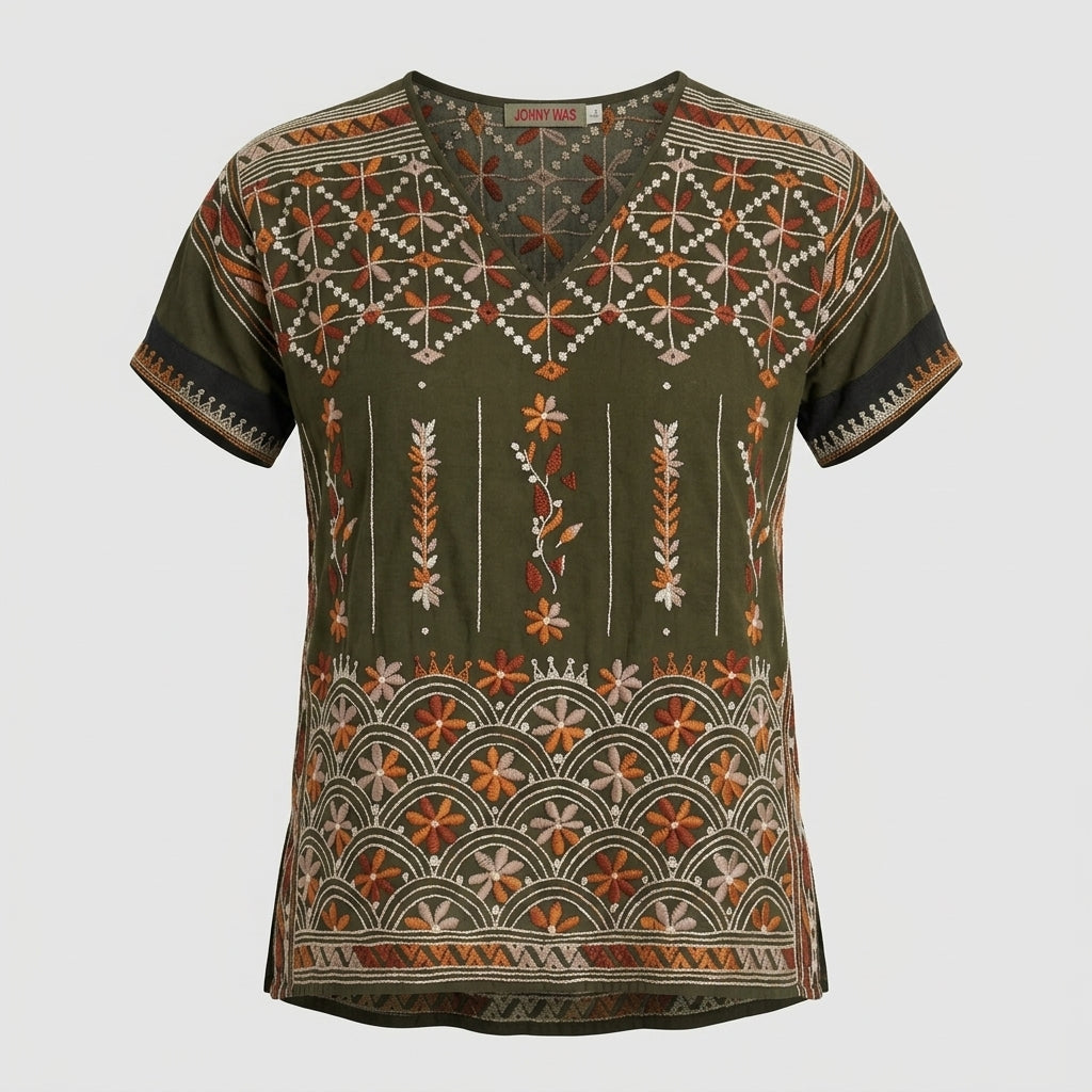 Johnny Was Small Olive Embroidered Cupra Rayon Top - Image 1