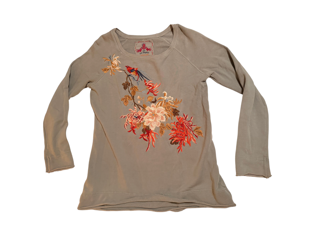 Johnny Was Grey Cotton Embroidered Long Sleeve Top - Small - Image 1
