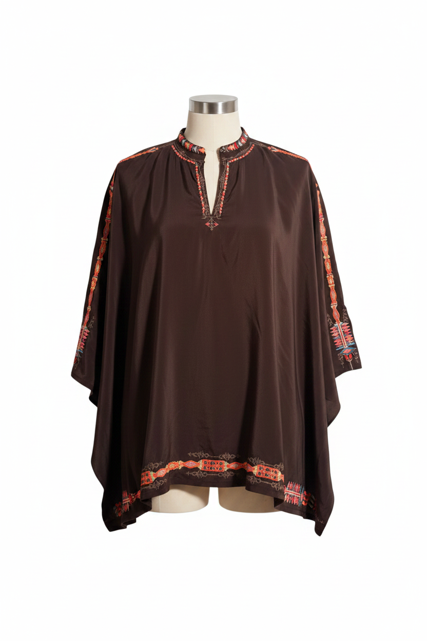 Johnny Was Silk Embroidered Poncho Black 100% Silk - S