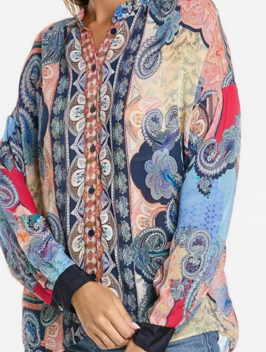 Johnny Was Long Sleeve Blouse Button Front Paisley Print - Image 1
