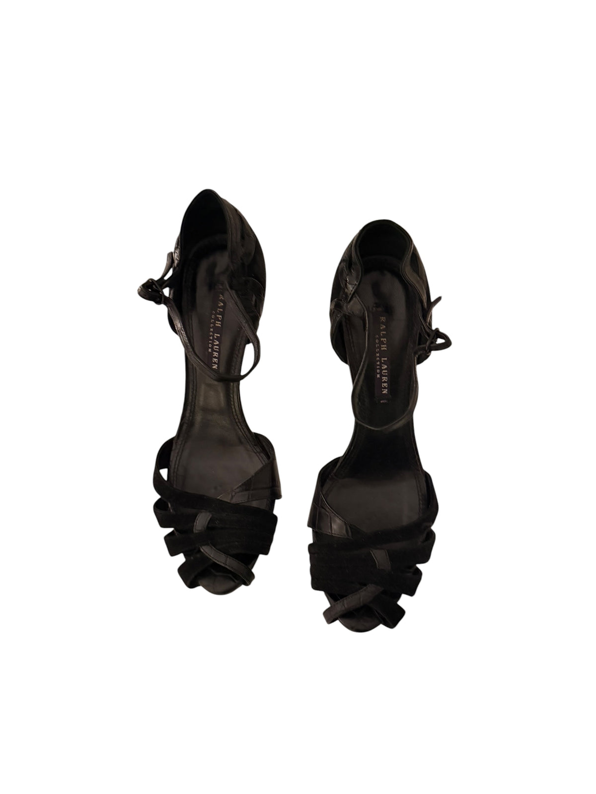 Ralph Lauren Collection Black High Heel Sandals Crocodile Embossed Leather Suede - Image 2
