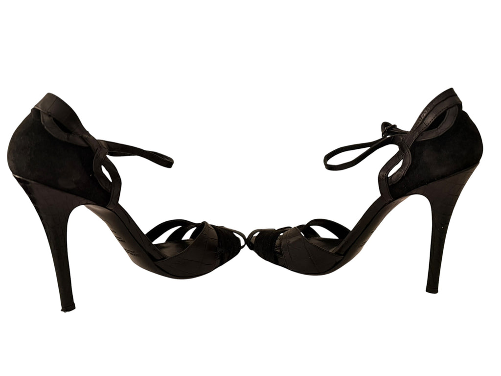 Ralph Lauren Collection Black High Heel Sandals Crocodile Embossed Leather Suede - Image 5