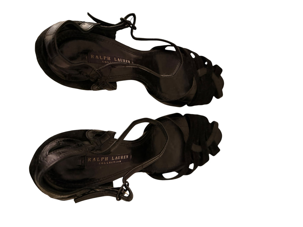 Ralph Lauren Collection Black High Heel Sandals Crocodile Embossed Leather Suede - Image 7