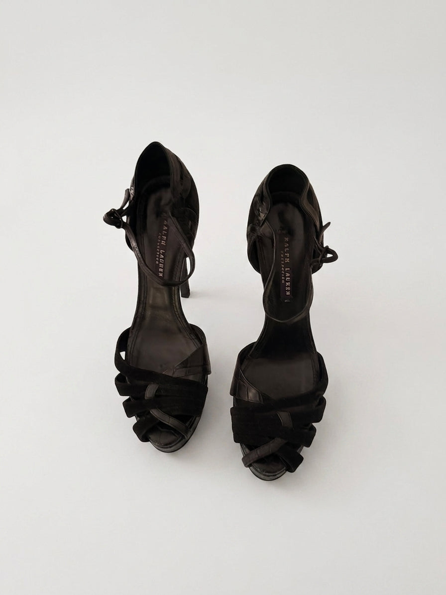 Ralph Lauren Collection Black High Heel Sandals Crocodile Embossed Leather Suede - Image 1