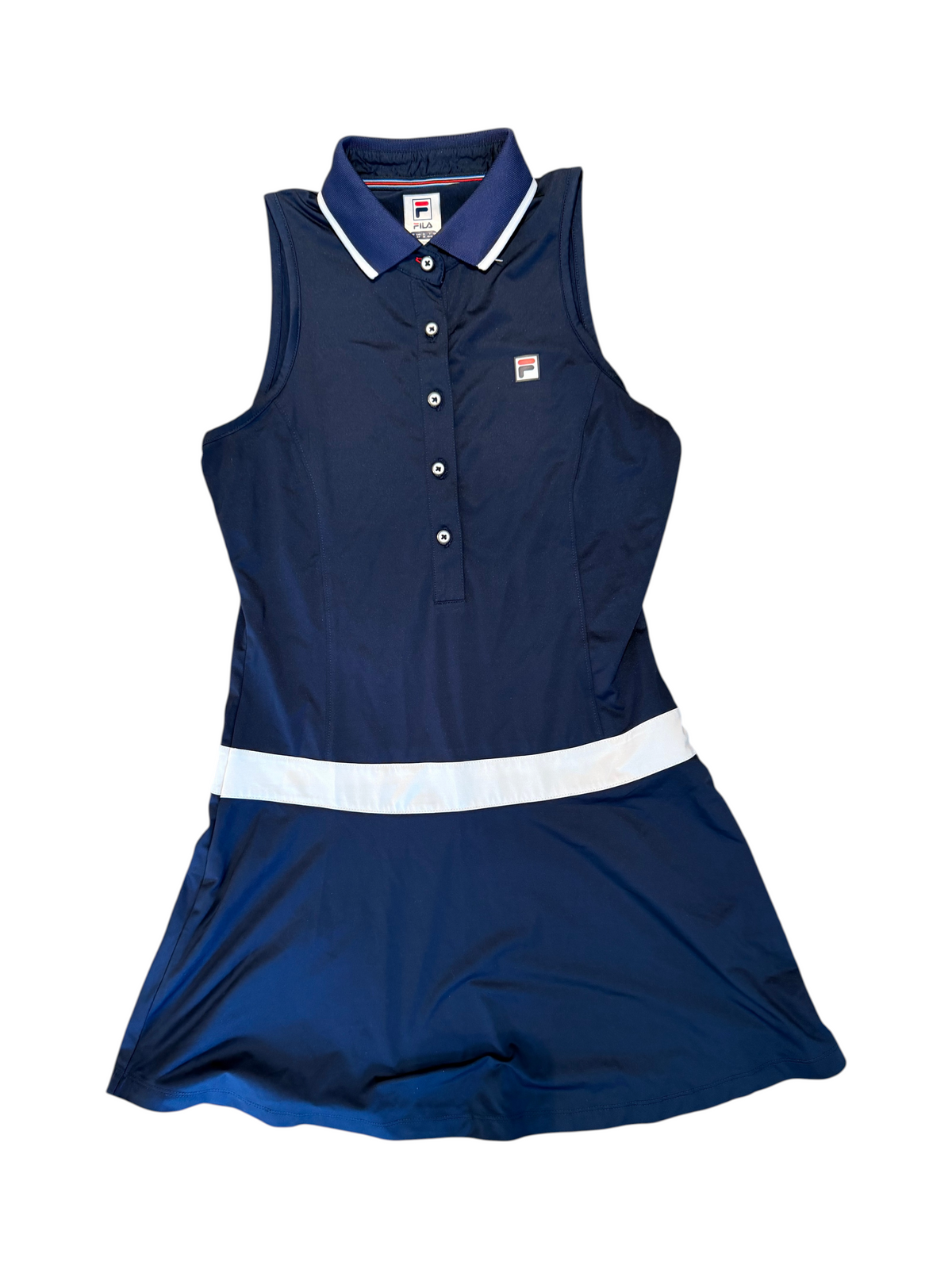 Fila Sleeveless Navy Blue Polo Dress White Waist Stripe - Small - Image 1