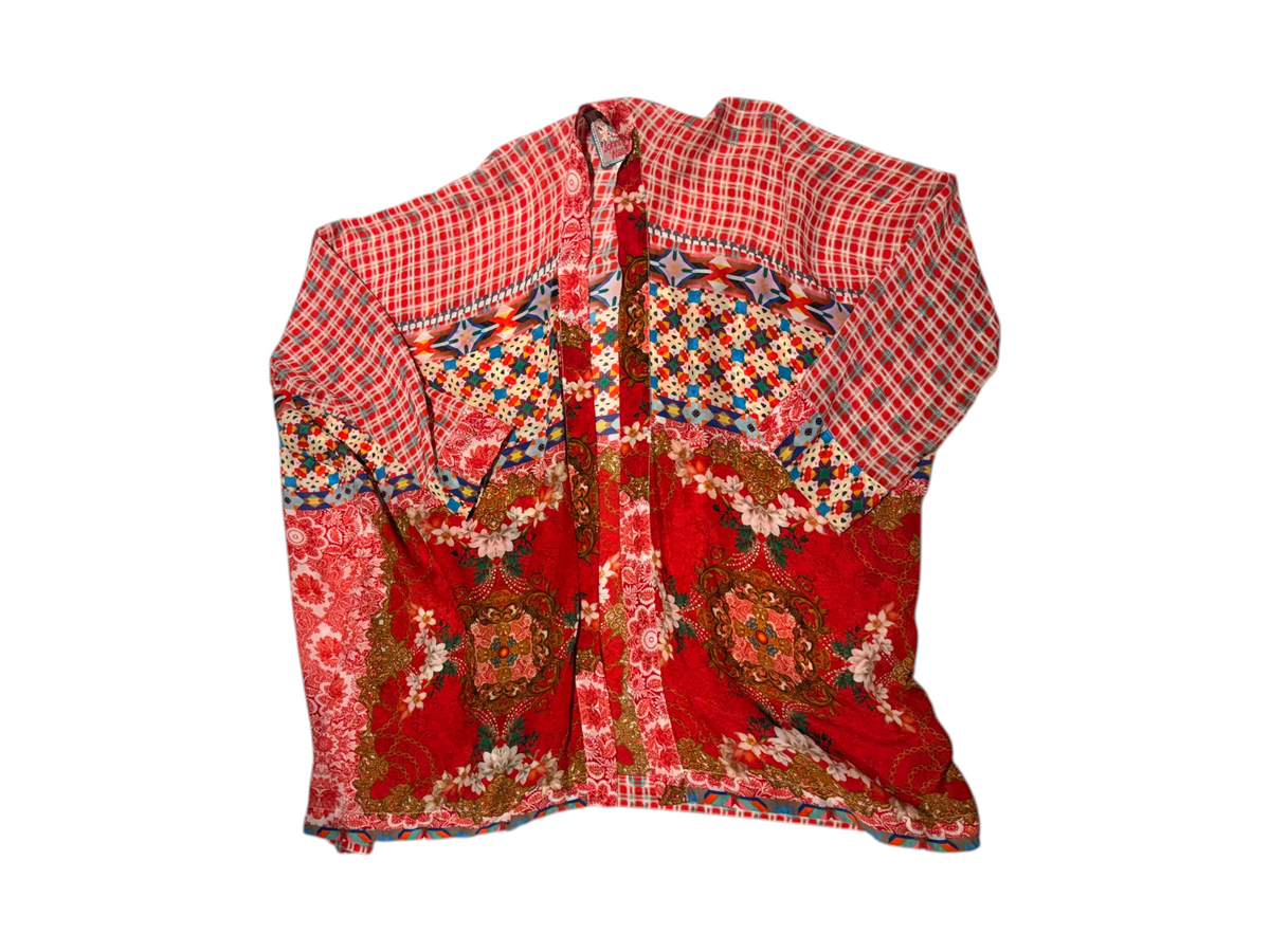 Johnny Was Kimono Jacket Red Patchwork Floral Rayon - Small - Image 4