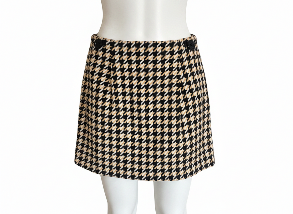Walter Baker Houndstooth Mini Skirt Medium Black Beige White Button Detail - Image 1