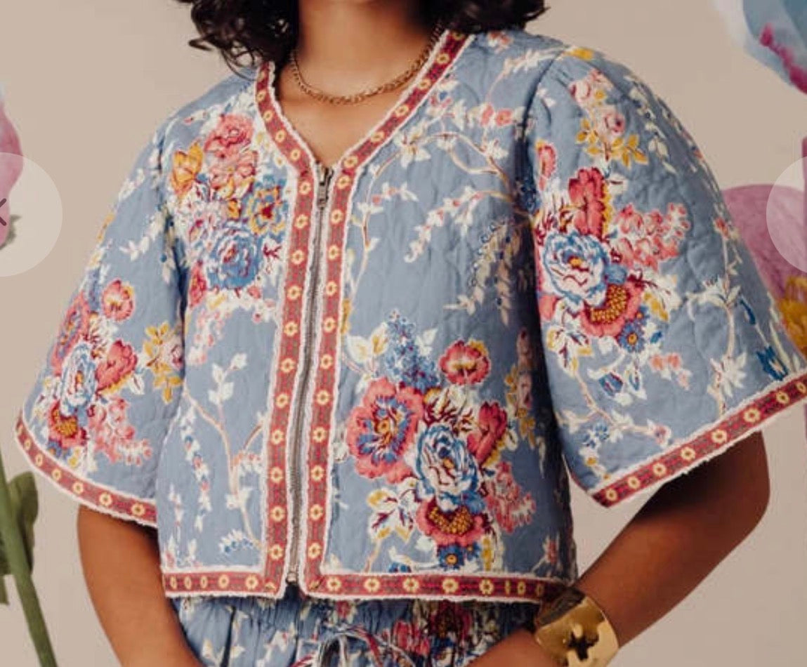 Love the Label Blue Floral Cotton Crop Jacket - Medium - Image 1