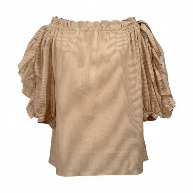Robert Rodriguez Cotton Beige & White Stripe Tie shoulder Half Sleeves - XS - Image 1