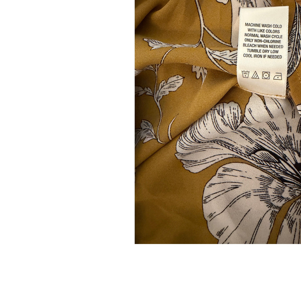 West K Sleeveless V & Button & Tie-Front Ruffle Collar Blouse Mustard Floral - L