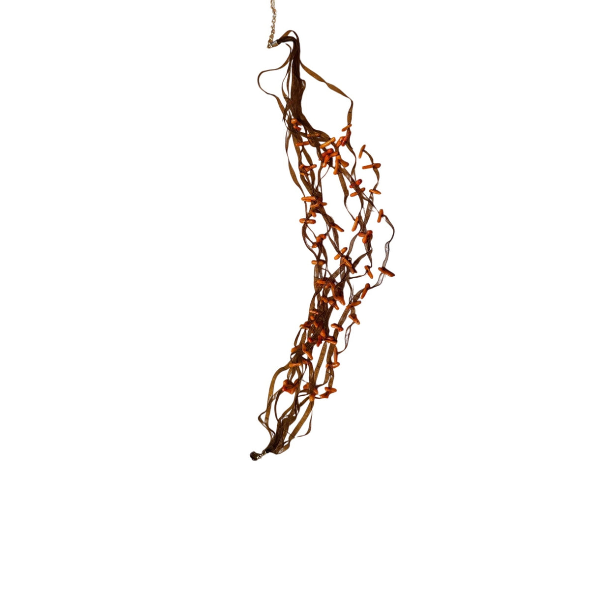 Coral "Slabs" on Black Sheer Ribbon Gathered Necklace 13-15"