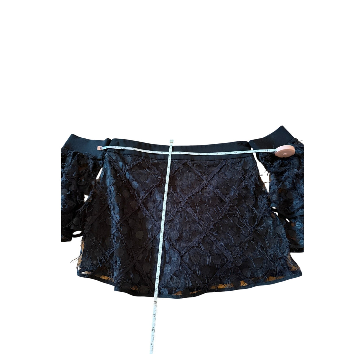 Milly for Bergdorf Goodman Lace Off-Shoulder Crop Top Black Feather Texture US 6