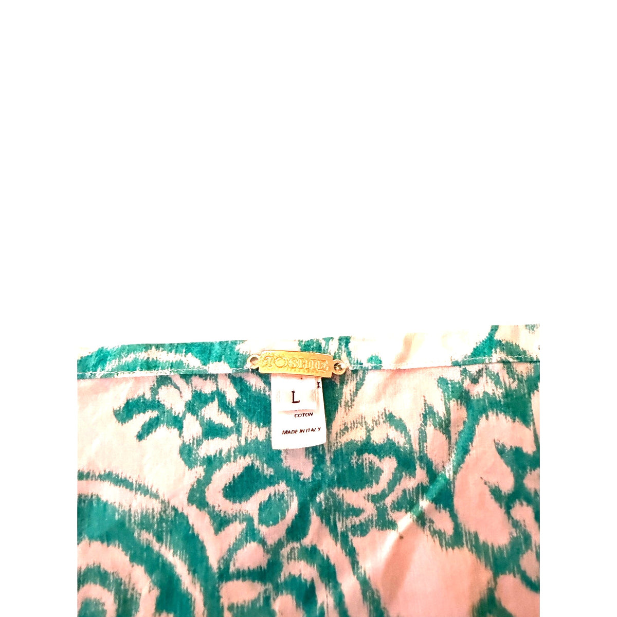 Toshie Italy NWOT Cotton Batwing Dress Aqua White V-Neck Drawstring Beaded - L