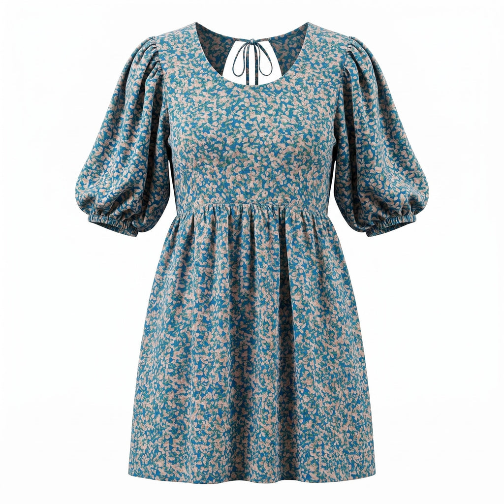 Mirth Handmade Blue Floral Cotton Mini Dress Size L