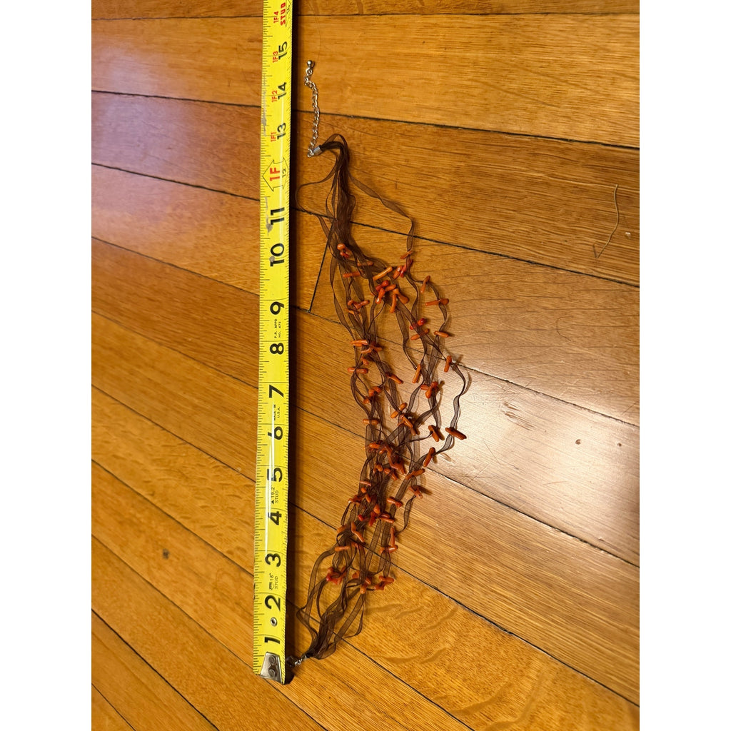 Coral "Slabs" on Black Sheer Ribbon Gathered Necklace 13-15"