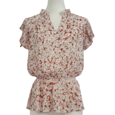 Voy Pleat-Sleeve Slight V-Neck Ruched Waist Blouse Orange w/White Flowers -Small