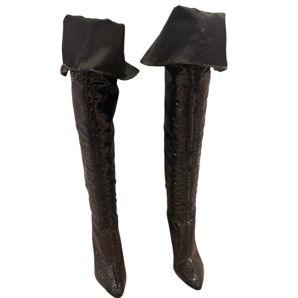Sergio Rossi Black Sequin Over-the-Knee Stiletto Boots Size EU 41