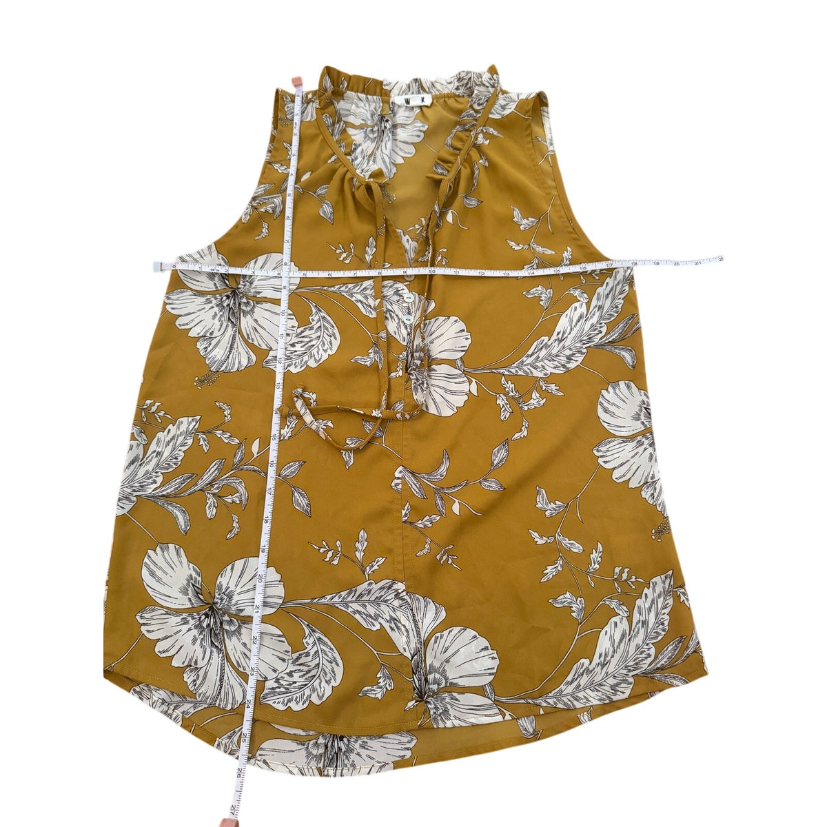 West K Sleeveless V & Button & Tie-Front Ruffle Collar Blouse Mustard Floral - L